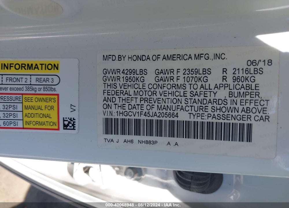 2018 HONDA ACCORD EX VIN: 1HGCV1F45JA205664