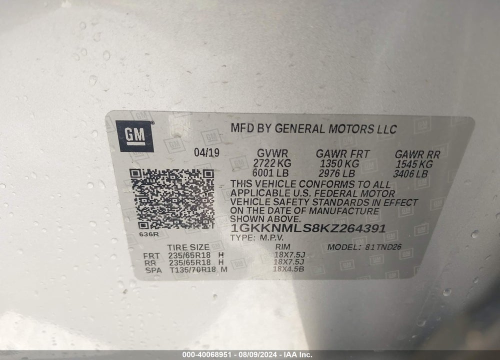 2019 GMC ACADIA VIN: 1GKKNMLS8KZ264391