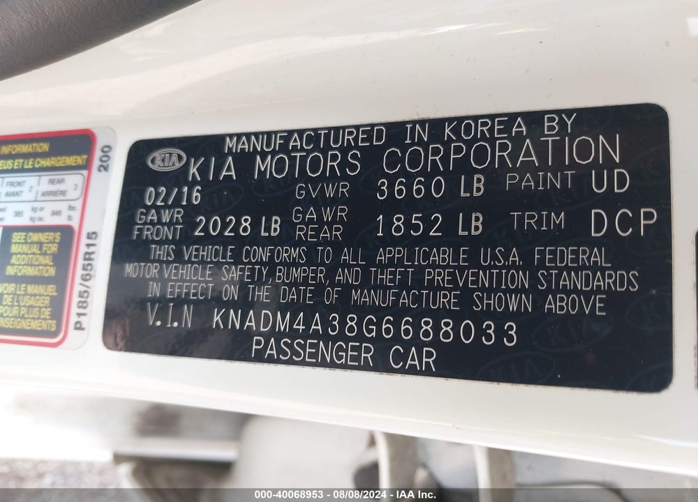 2016 KIA RIO LX VIN: KNADM4A38G6688033