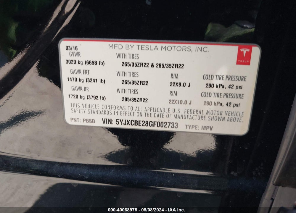 2016 TESLA MODEL X 60D/70D/75D/90D/P100D VIN: 5YJXCBE28GF002733