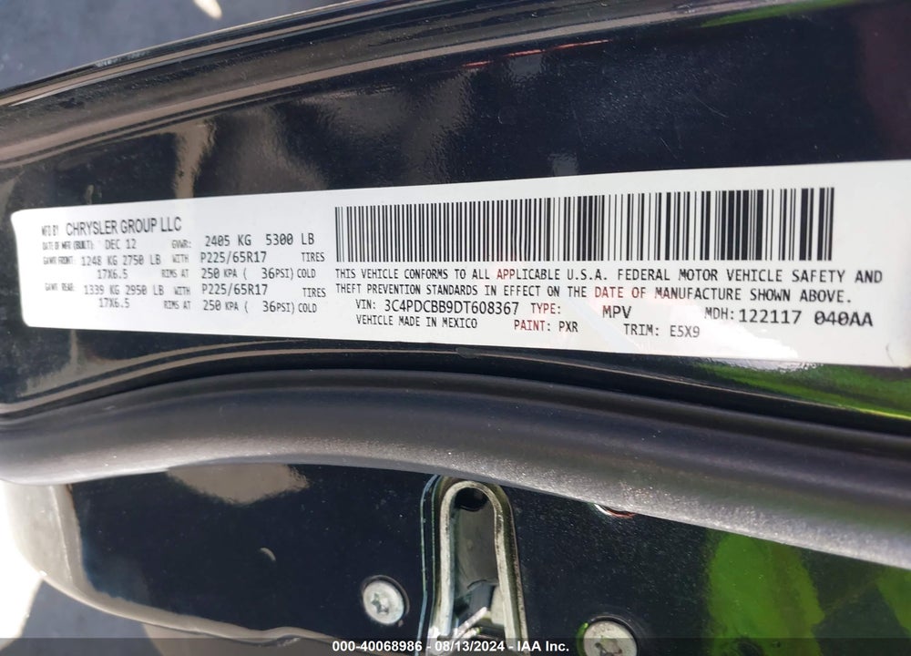 2013 DODGE JOURNEY SXT VIN: 3C4PDCBB9DT608367