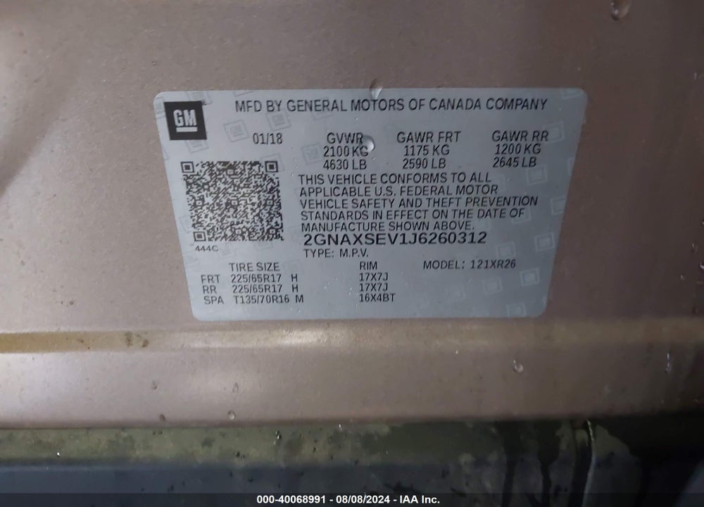 2018 CHEVROLET EQUINOX LT VIN: 2GNAXSEV1J6260312