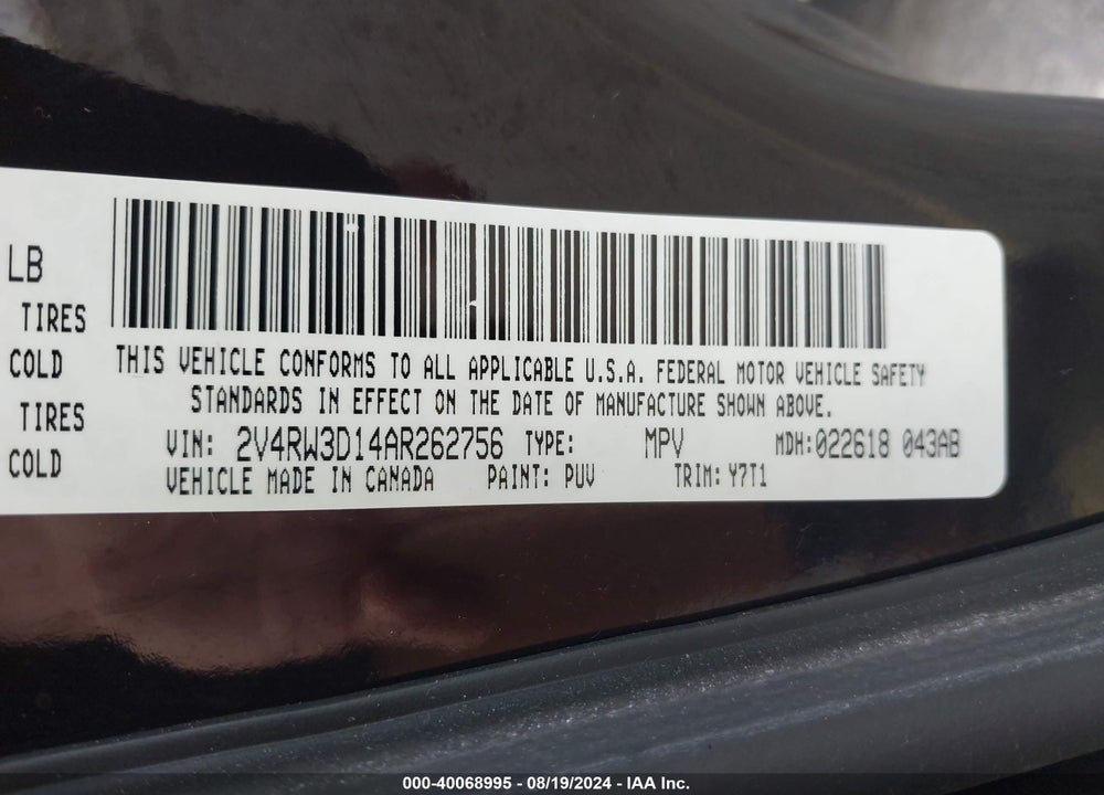 2010 VOLKSWAGEN ROUTAN SE VIN: 2V4RW3D14AR262756