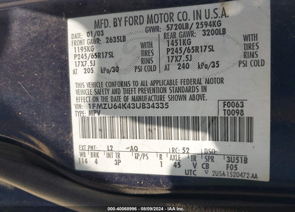 2003 FORD EXPLORER EDDIE BAUER VIN: 1FMZU64K43UB34335