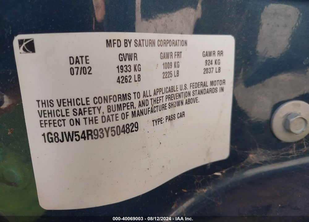 2003 SATURN L-SERIES L300 VIN: 1G8JW54R93Y504829