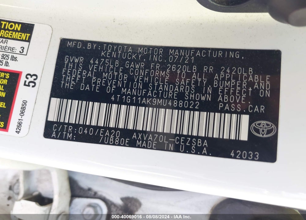 2021 TOYOTA CAMRY SE VIN: 4T1G11AK9MU488022