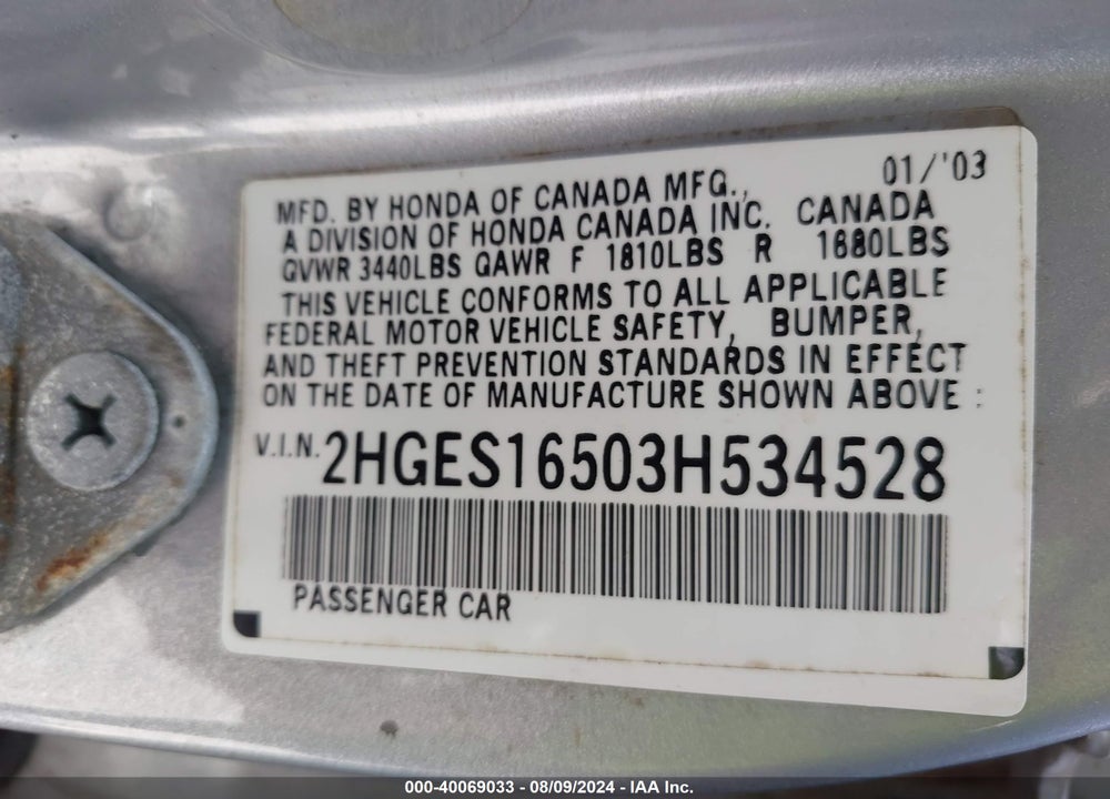 2003 HONDA CIVIC LX VIN: 2HGES16503H534528