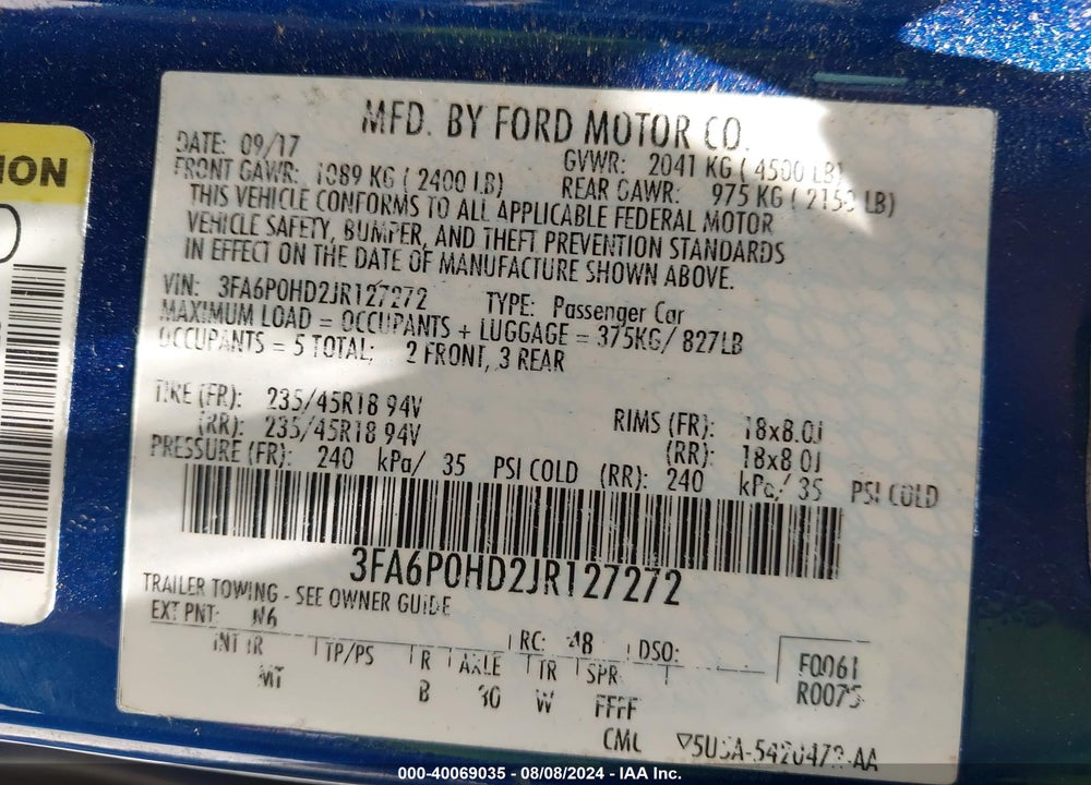 2018 FORD FUSION SE VIN: 3FA6P0HD2JR127272