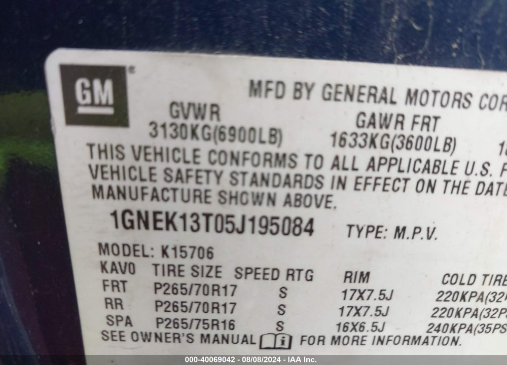 2005 CHEVROLET TAHOE LT VIN: 1GNEK13T05J195084