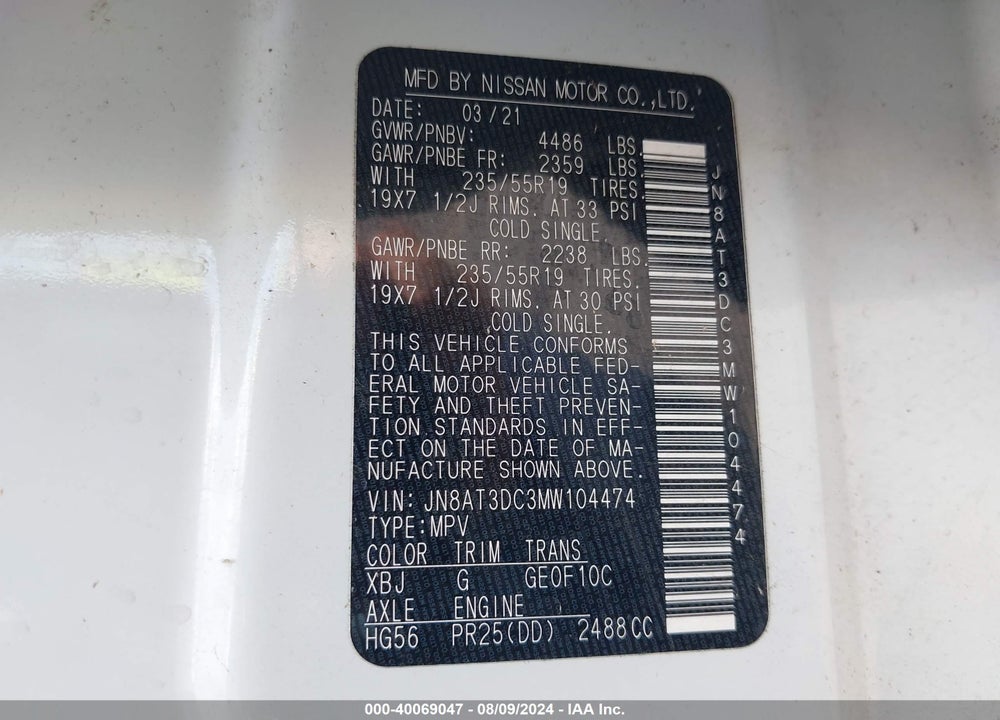 2021 NISSAN ROGUE PLATINUM FWD VIN: JN8AT3DC3MW104474