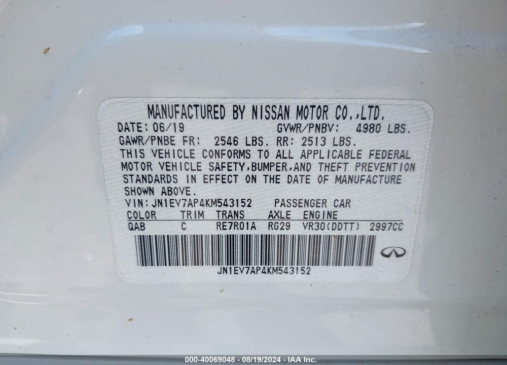 2019 INFINITI Q50 3.0T LUXE VIN: JN1EV7AP4KM543152