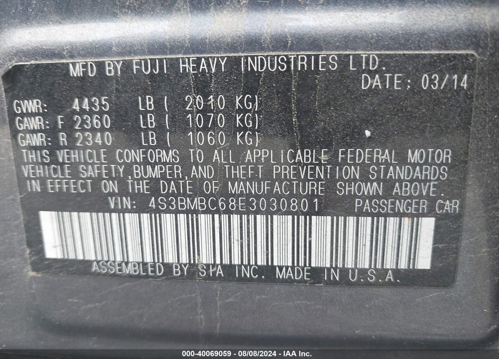 2014 SUBARU LEGACY 2.5I PREMIUM VIN: 4S3BMBC68E3030801