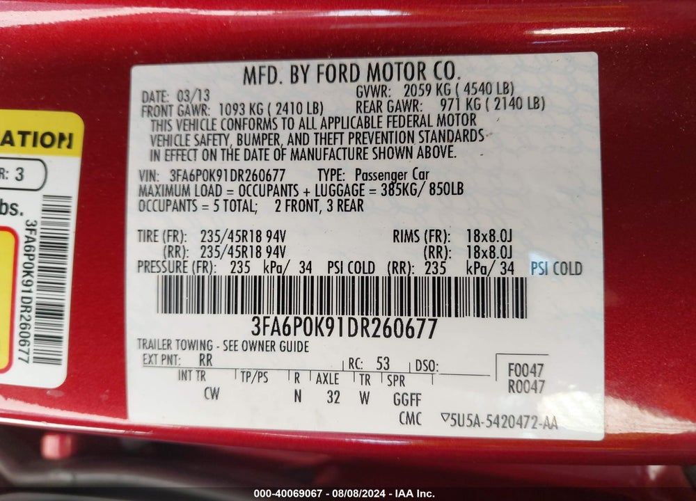 2013 FORD FUSION VIN: 3FA6P0K91DR260677