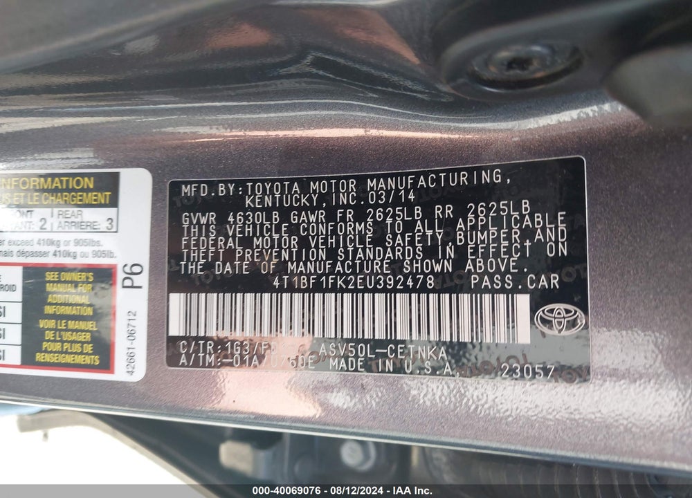 2014 TOYOTA CAMRY LE VIN: 4T1BF1FK2EU392478