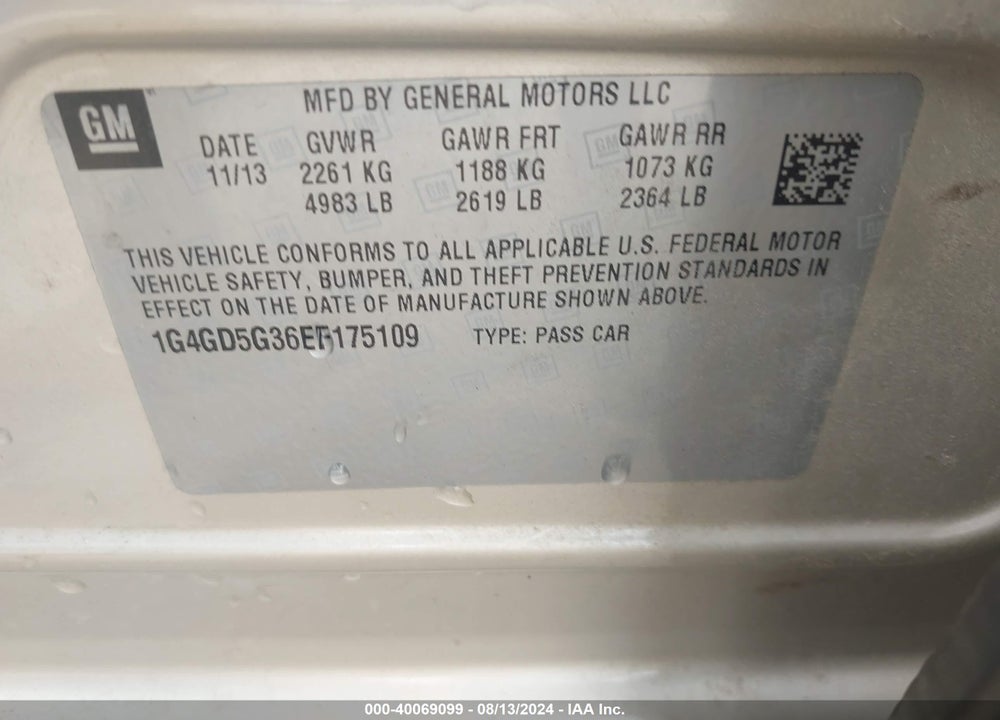 2014 BUICK LACROSSE VIN: 1G4GD5G36EF175109