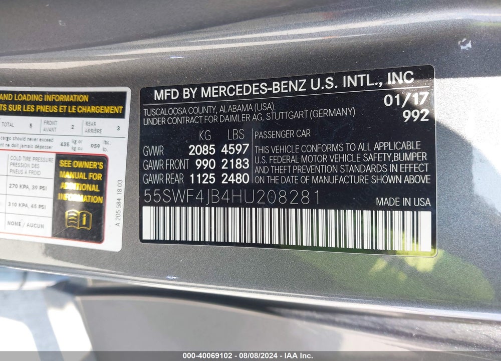 2017 MERCEDES-BENZ C 300 LUXURY/SPORT VIN: 55SWF4JB4HU208281