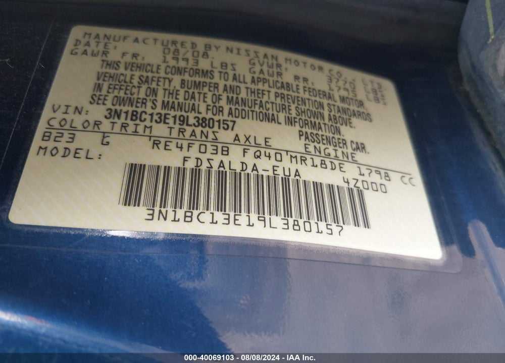 2009 NISSAN VERSA 1.8S VIN: 3N1BC13E19L380157
