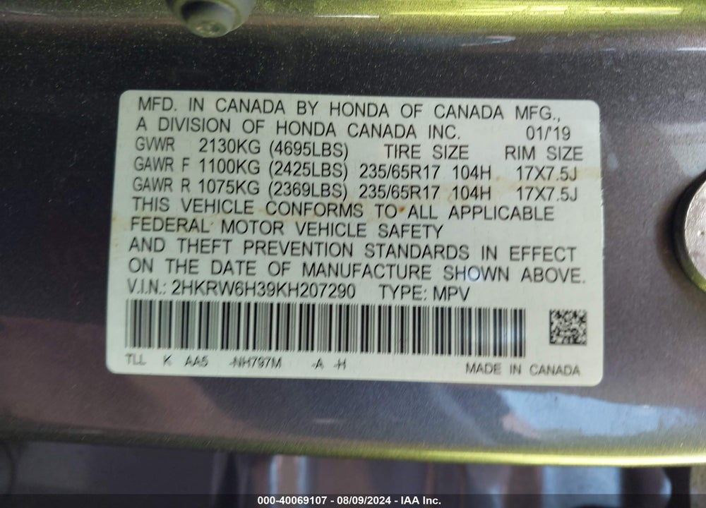 2019 HONDA CR-V LX VIN: 2HKRW6H39KH207290