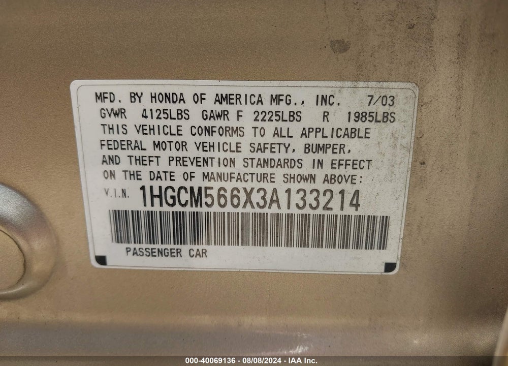 2003 HONDA ACCORD 2.4 EX VIN: 1HGCM566X3A133214
