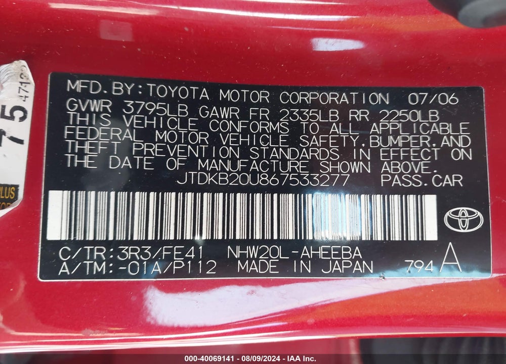 2006 TOYOTA PRIUS VIN: JTDKB20U867533277