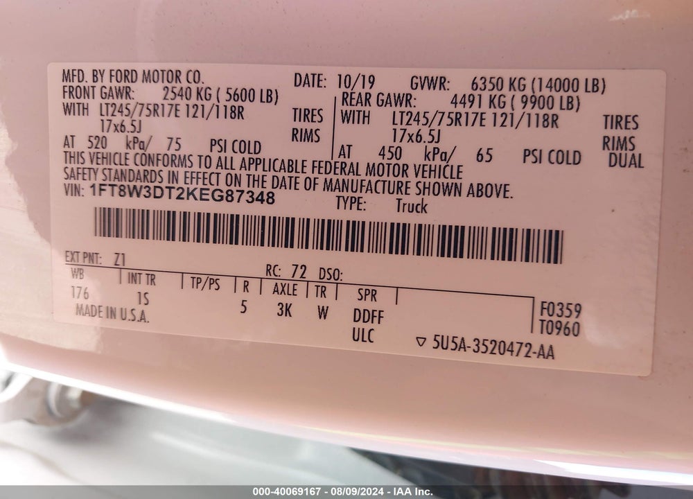 2019 FORD F-350 XLT VIN: 1FT8W3DT2KEG87348