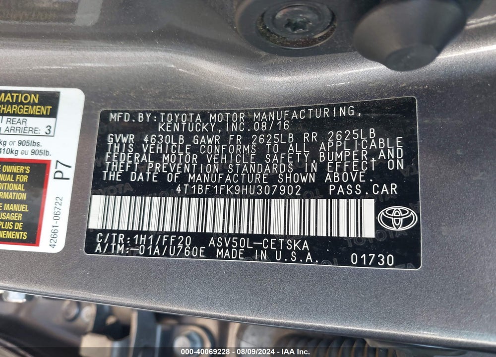 2017 TOYOTA CAMRY SE VIN: 4T1BF1FK9HU307902