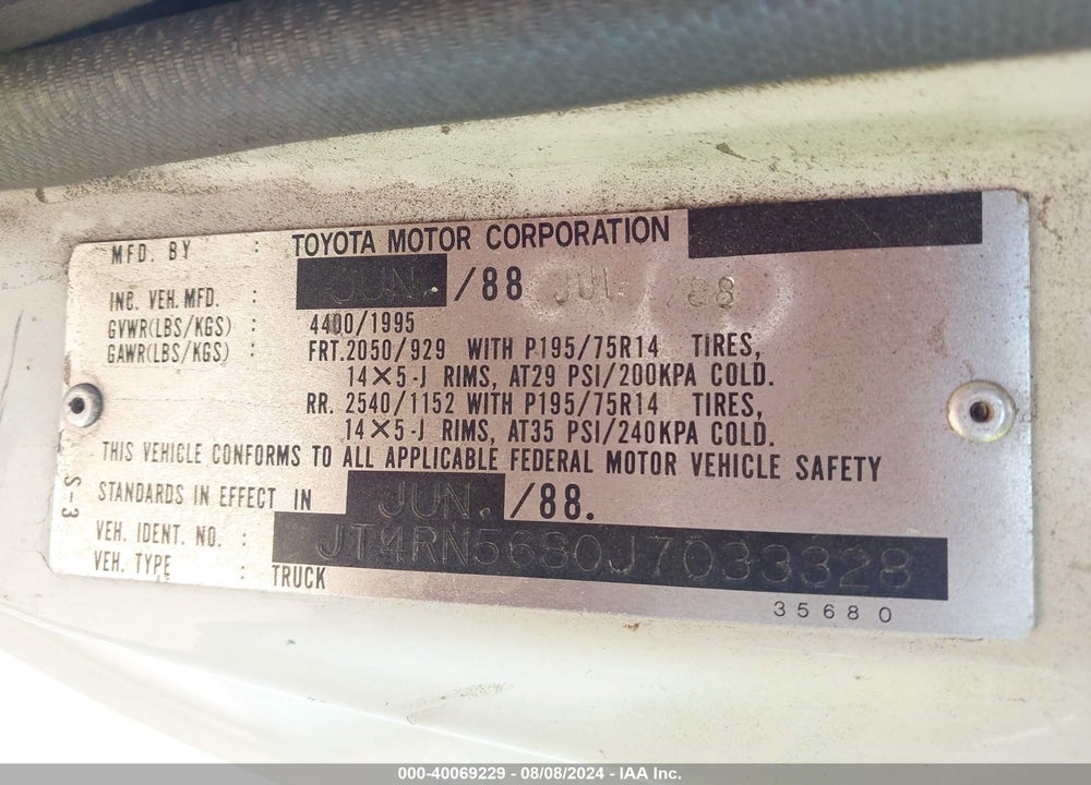1988 TOYOTA PICKUP XTRACAB RN56 SR5 VIN: JT4RN56S0J7033328
