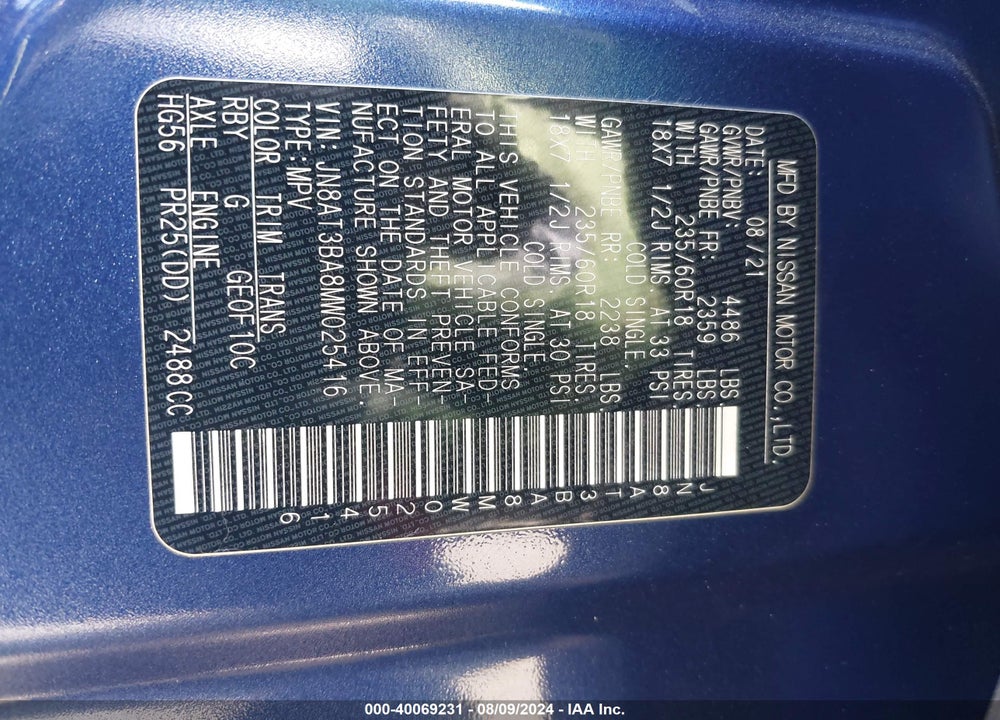 2021 NISSAN ROGUE SV FWD VIN: JN8AT3BA8MW025416