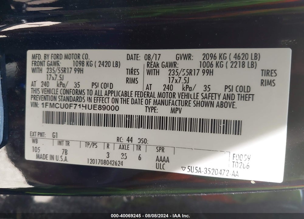 2017 FORD ESCAPE S VIN: 1FMCU0F71HUE89000