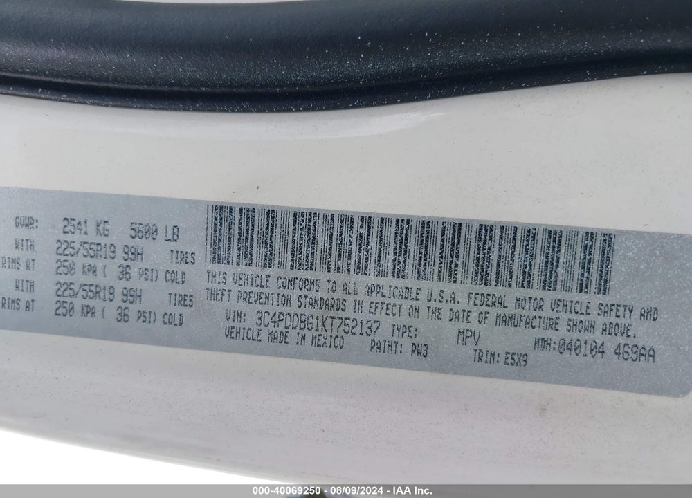 2019 DODGE JOURNEY VIN: 3C4PDDBG1KT752137