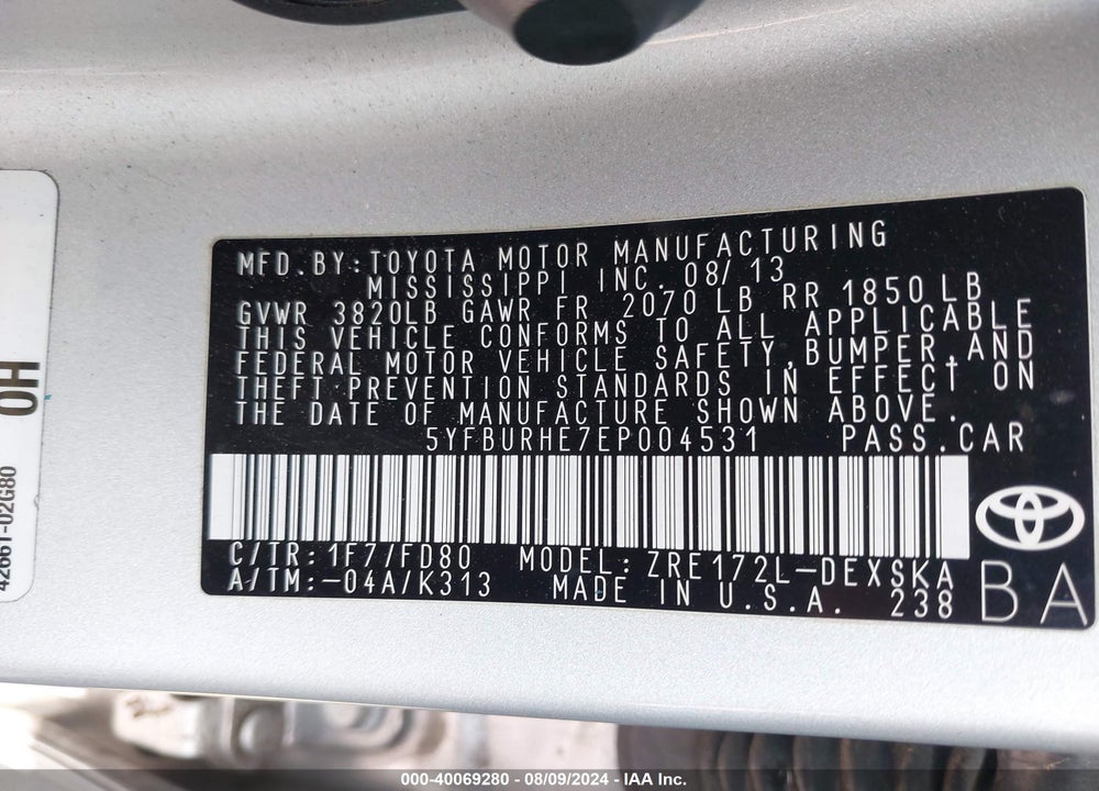 2014 TOYOTA COROLLA S PLUS VIN: 5YFBURHE7EP004531