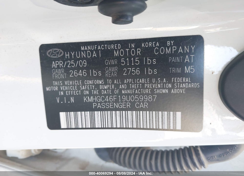 2009 HYUNDAI GENESIS 4.6 VIN: KMHGC46F19U059987