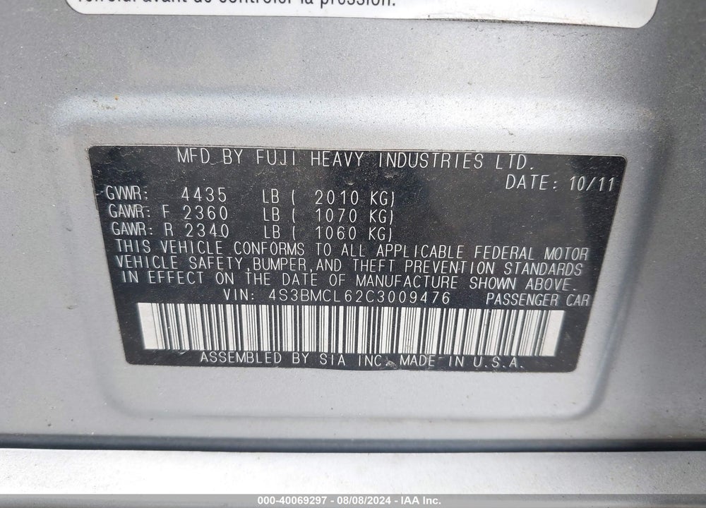2012 SUBARU LEGACY 2.5I LIMITED VIN: 4S3BMCL62C3009476