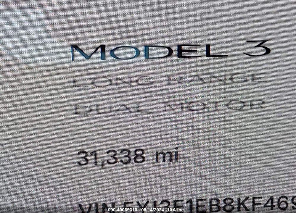2019 TESLA MODEL 3 LONG RANGE/PERFORMANCE VIN: 5YJ3E1EB8KF469341