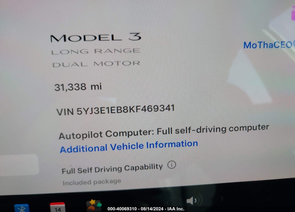 2019 TESLA MODEL 3 LONG RANGE/PERFORMANCE VIN: 5YJ3E1EB8KF469341