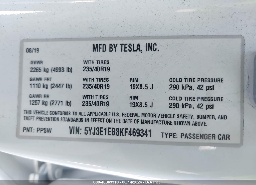 2019 TESLA MODEL 3 LONG RANGE/PERFORMANCE VIN: 5YJ3E1EB8KF469341