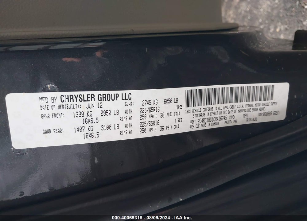2012 CHRYSLER TOWN & COUNTRY TOURING VIN: 2C4RC1BG1CR416745