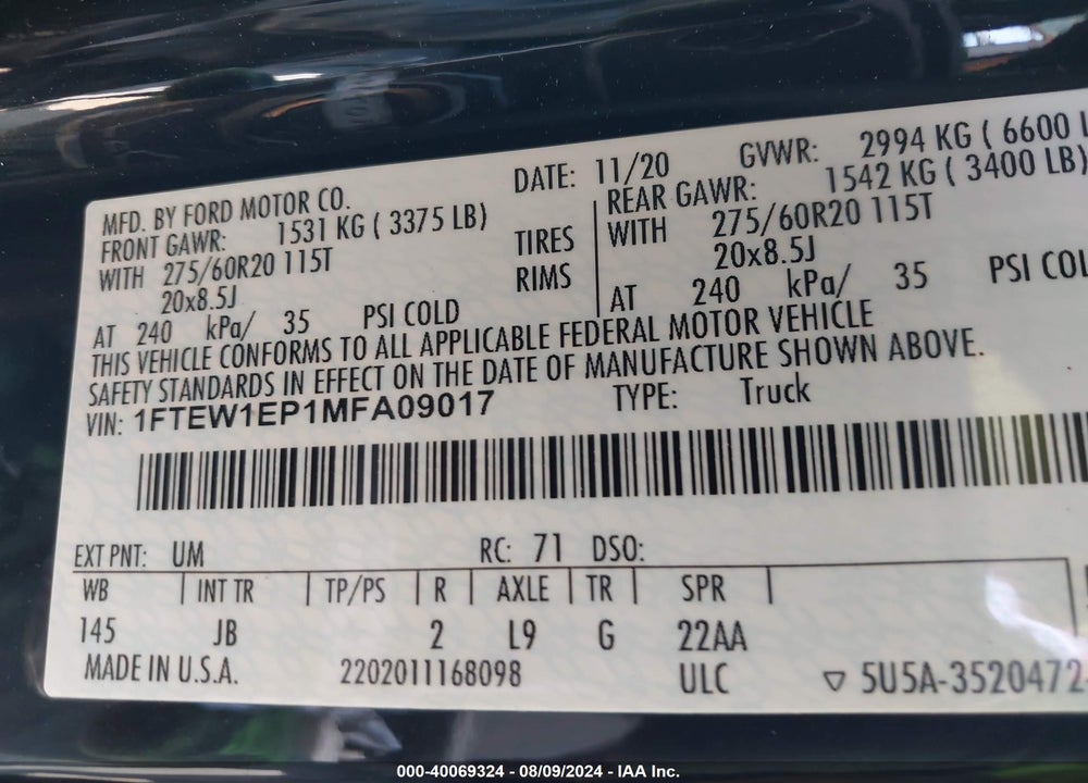 2021 FORD F-150 XL VIN: 1FTEW1EP1MFA09017