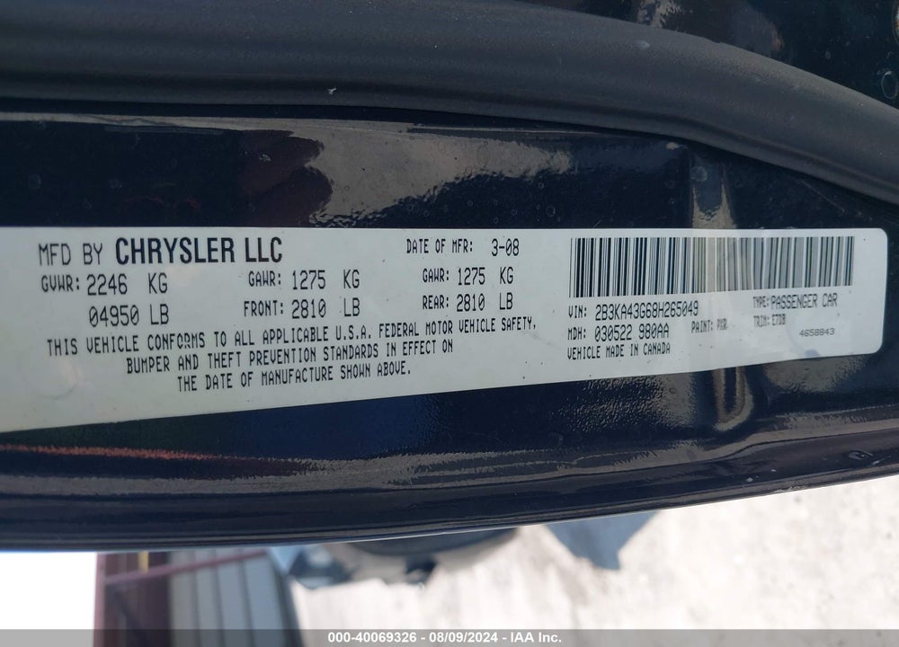 2008 DODGE CHARGER VIN: 2B3KA43G68H265049