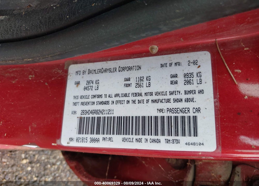 2002 DODGE INTREPID SE VIN: 2B3HD46R82H211211