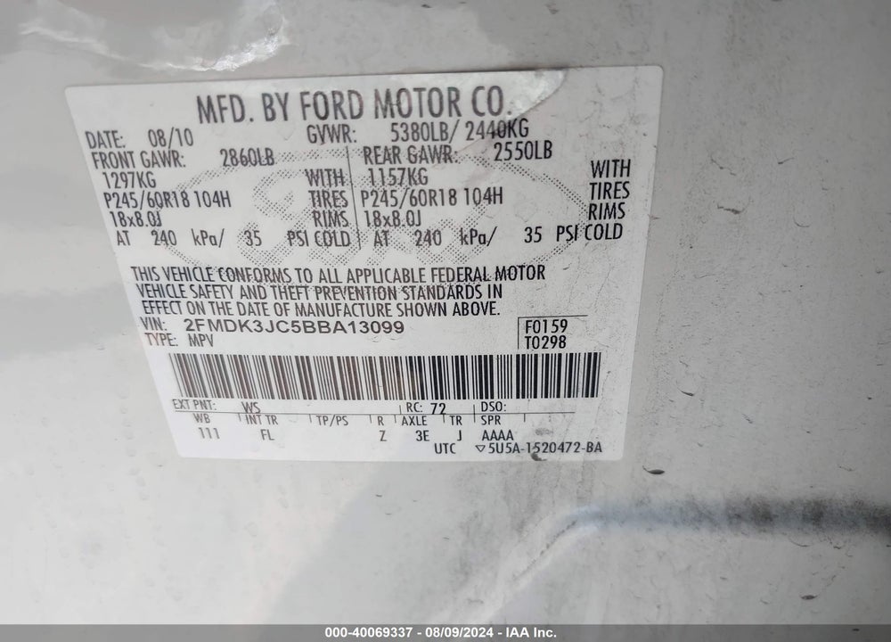 2011 FORD EDGE SEL VIN: 2FMDK3JC5BBA13099