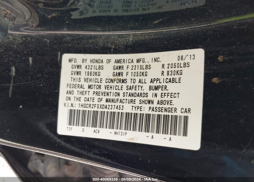 2013 HONDA ACCORD SPORT VIN: 1HGCR2F5XDA237453