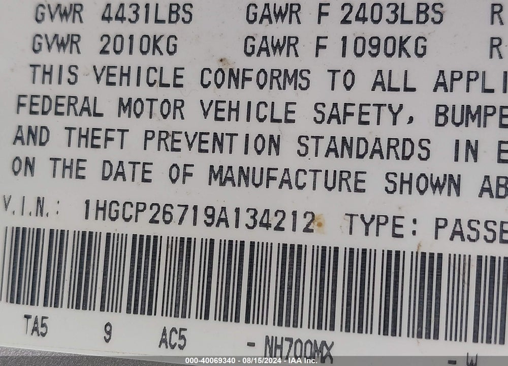 2009 HONDA ACCORD 2.4 EX VIN: 1HGCP26719A134212