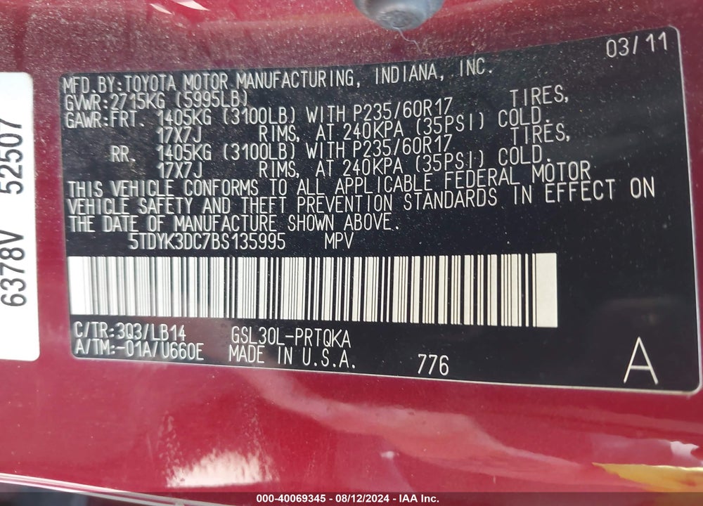 2011 TOYOTA SIENNA XLE V6 VIN: 5TDYK3DC7BS135995