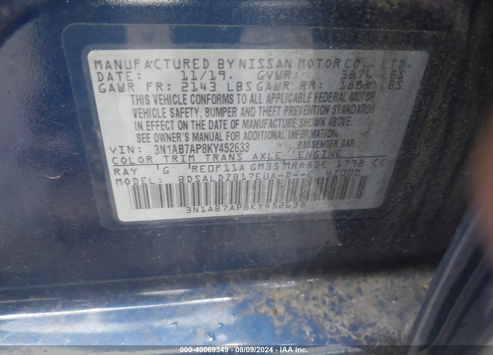 2019 NISSAN SENTRA SV VIN: 3N1AB7AP8KY452633