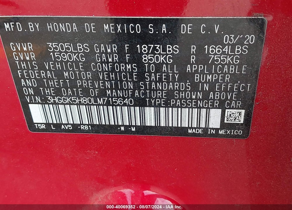 2020 HONDA FIT EX VIN: 3HGGK5H80LM715640