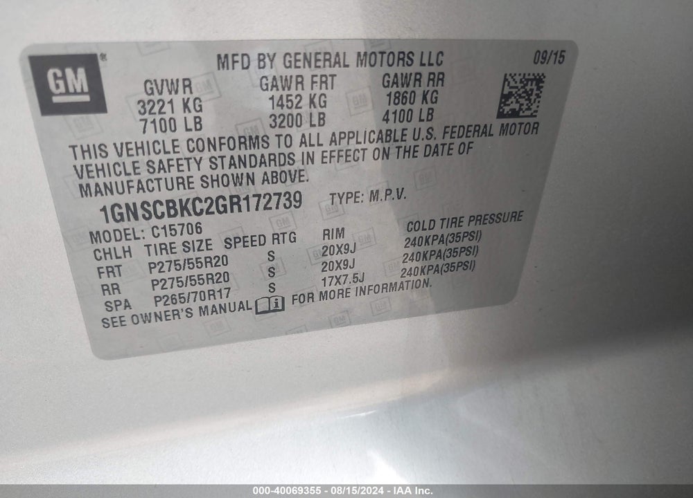2016 CHEVROLET TAHOE LT VIN: 1GNSCBKC2GR172739