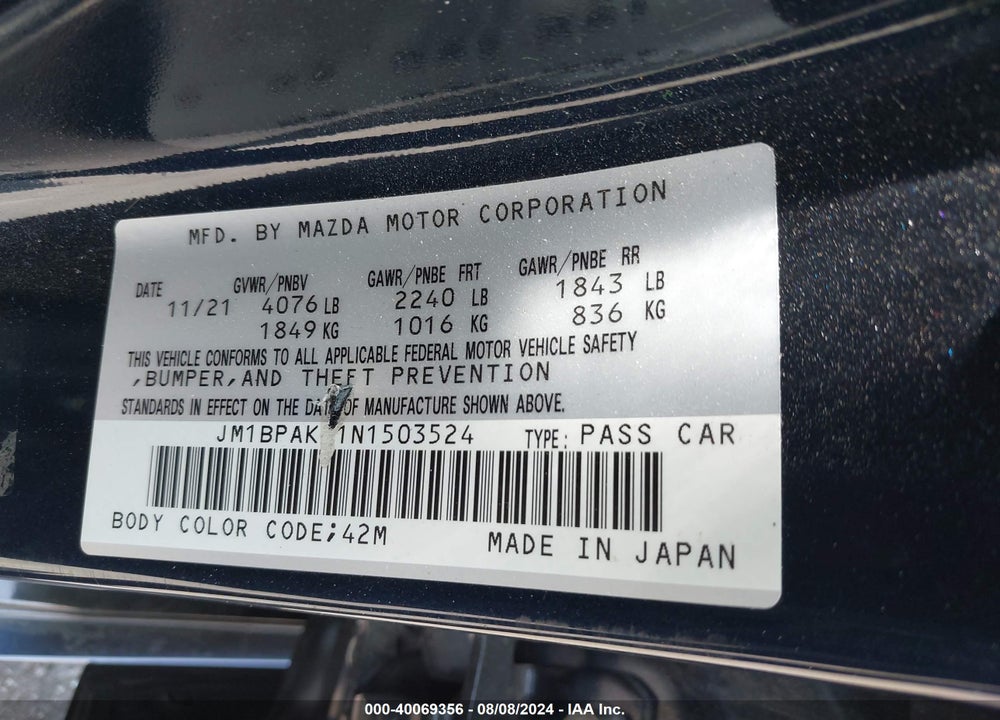2022 MAZDA 3 SELECT VIN: JM1BPAKL1N1503524