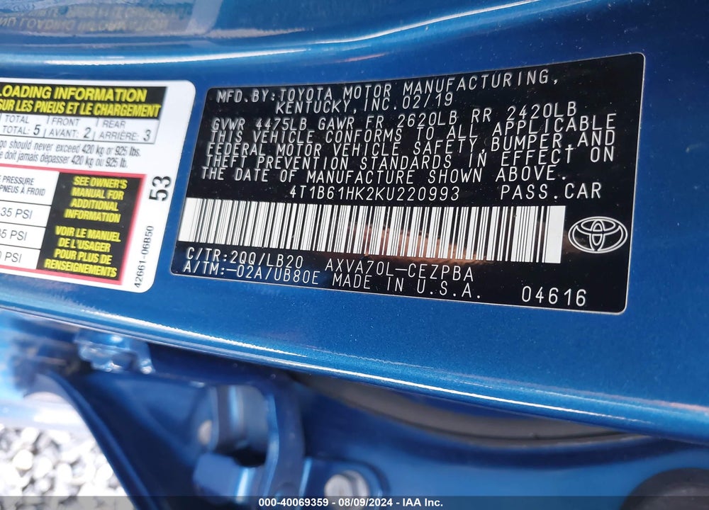 2019 TOYOTA CAMRY XSE VIN: 4T1B61HK2KU220993