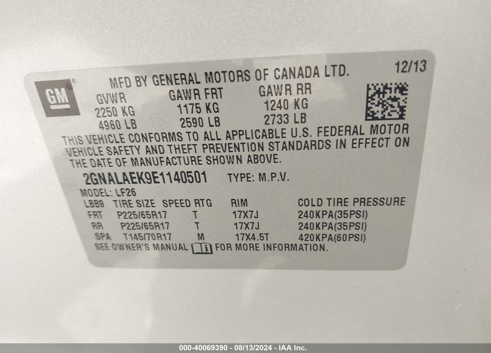 2014 CHEVROLET EQUINOX LS VIN: 2GNALAEK9E1140501